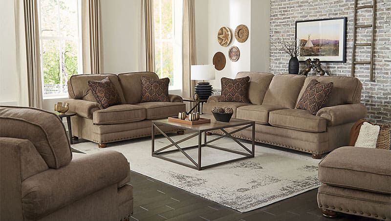 a living room with a couch and coffee table